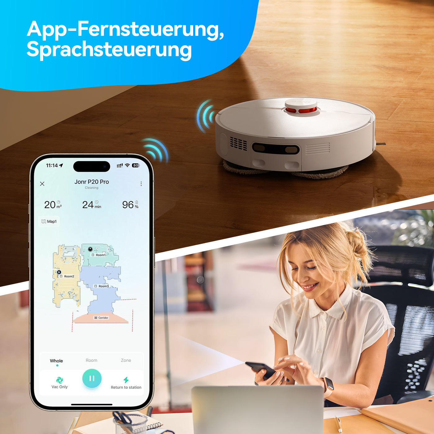 JONR P20 Pro Saugroboter mit Wischfunktion und Hubmop, 8000Pa All-in-One Reinigungsstation, Hindernisvermeidung, Adaptive Kantenreinigung, Heißlufttrocknung