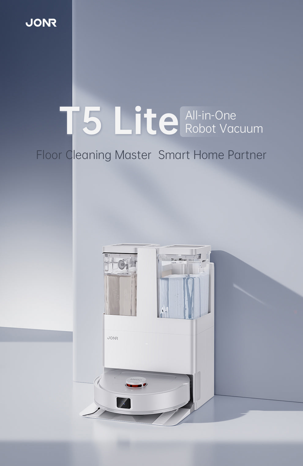 JONR T5 Lite Robot Vacuum & Mop with Mop-Wash Air-Dry Dock, Dual Rotating Mops, LDS Navigation, 4L+4L Tanks, 4,000Pa Suction, Auto Mop Lift, 2600mAh, 130-min Runtime