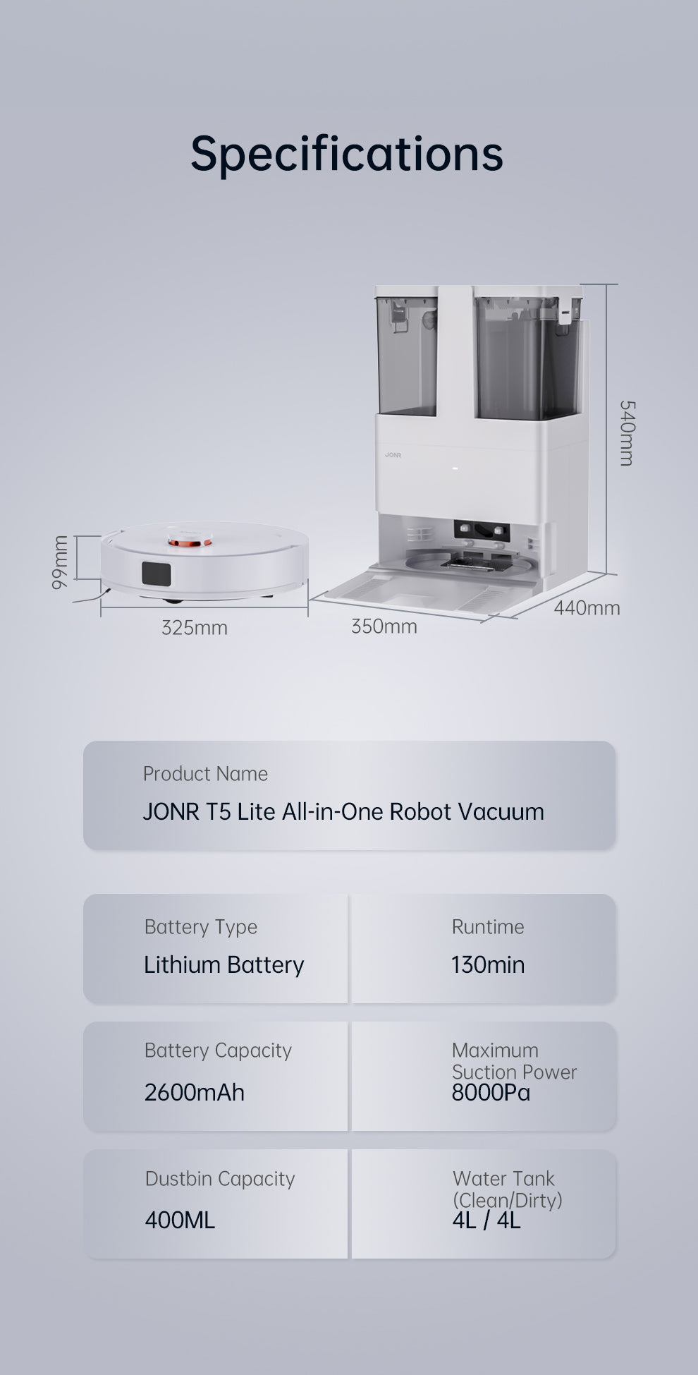 JONR T5 Lite Robot Vacuum & Mop with Mop-Wash Air-Dry Dock, Dual Rotating Mops, LDS Navigation, 4L+4L Tanks, 4,000Pa Suction, Auto Mop Lift, 2600mAh, 130-min Runtime