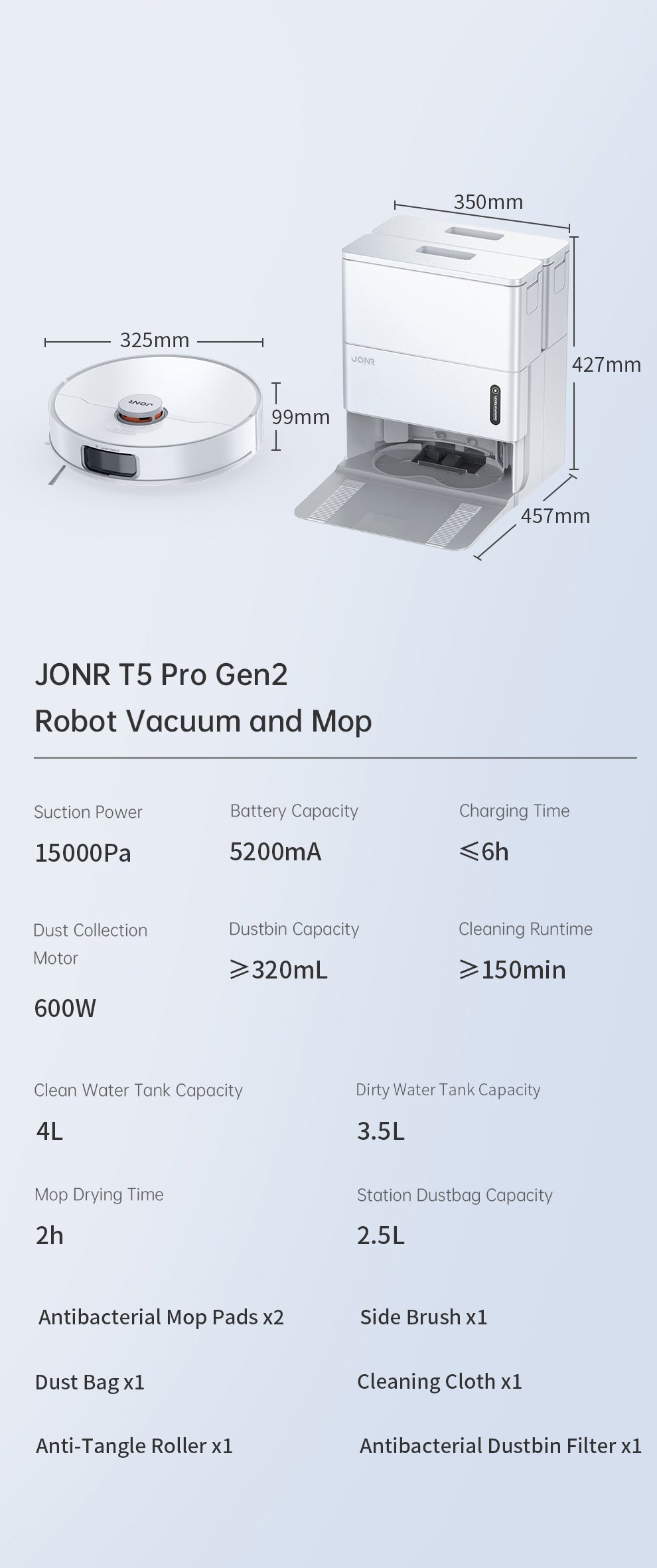 JONR T5 Pro Gen 2 Robot Vacuum and Mop with Self-Emptying Wash/Dry Dock, Dual Rotating Mops, Edge-Following Mopping & Mop Lift, LDS Navigation, 15,000Pa Suction, 5200mAh, 4L+3.5L Tanks
