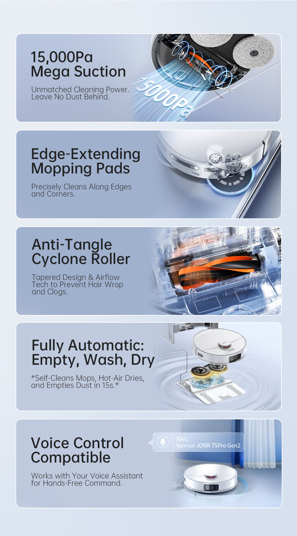 JONR T5 Pro Gen 2 Robot Vacuum and Mop with Self-Emptying Wash/Dry Dock, Dual Rotating Mops, Edge-Following Mopping & Mop Lift, LDS Navigation, 15,000Pa Suction, 5200mAh, 4L+3.5L Tanks